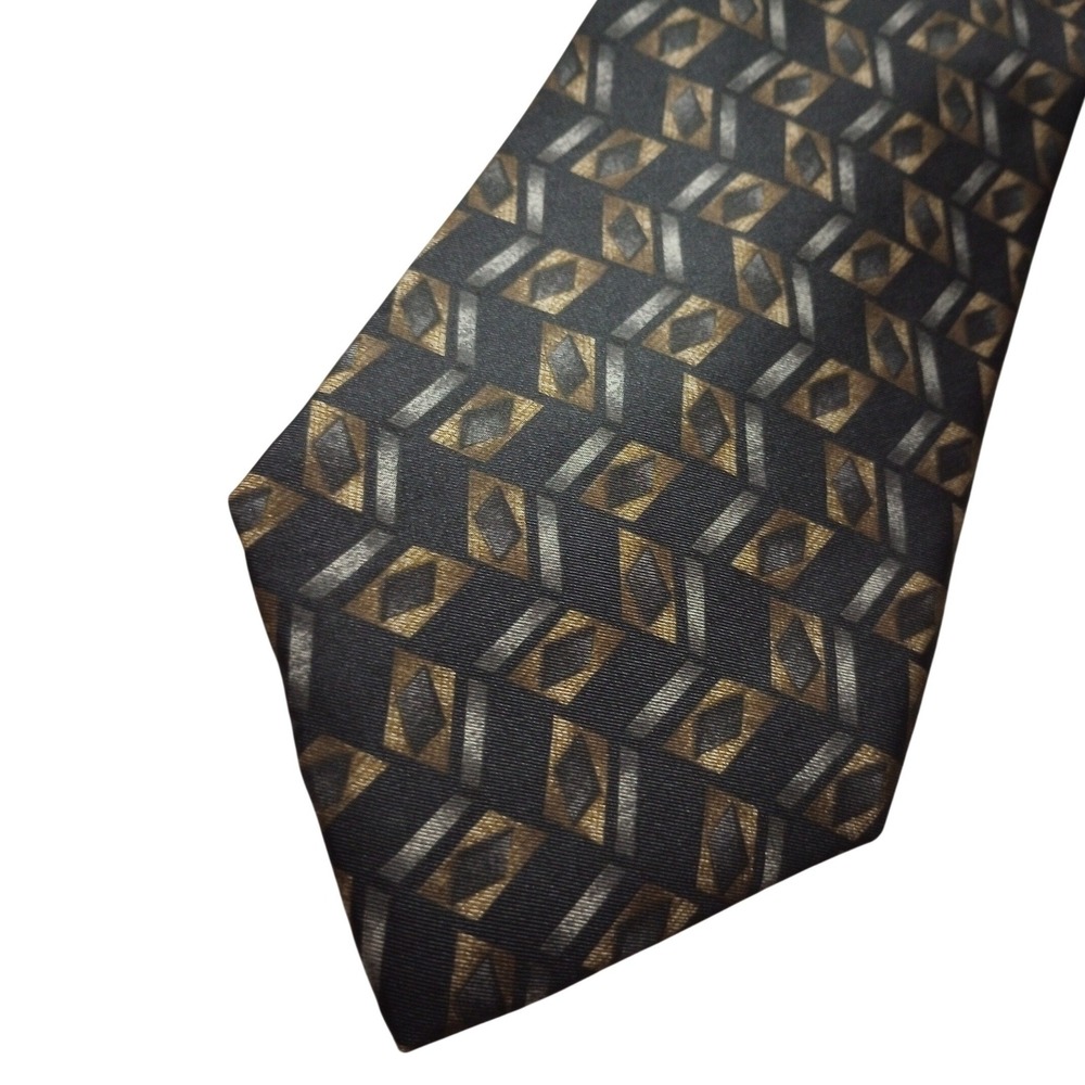 Barrington Mens Silk Tie Black Gold Silver Geometric Diamond Chevron Pattern